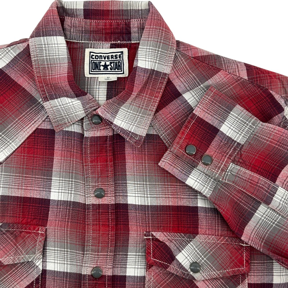 Converse One Star Plaid Long Sleeve Snap Front Shirt Mens Medium Red‎ Grey White